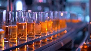 Glass test tubes with orange liquid sample in a scientific laboratory setting. Concept Science Experiment, Laboratory Equipment, Chemical Analysis, Orange Liquid Sample, Test Tubes