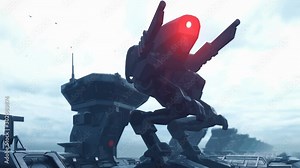 A huge military robot on a futuristic military training ground of the future. The apocalyptic view.