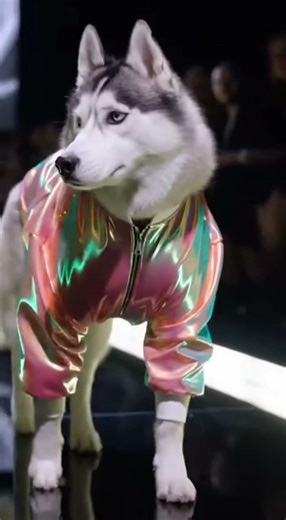 Dogs walking and modeling on a fashion runway.