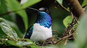 Download A blue and white hummingbird perches on a branch, its long beak pointing forward. The bird is surrounded by lush green foliage, creating a vibrant and natural scene. for free