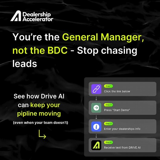 Your dealership isn’t short on leads... It’s short on consistent, disciplined follow-up. Even with a CRM, reps cherry-pick. No-shows get ignored. And you’re stuck chasing your team—just to make sure they’re chasing leads. DriveAI fixes that. It follows up with every lead—automatically, 24/7. Handles objections. Re-engages no-shows. Books appointments without the drop-offs. And it gives you total visibility into what’s happening. No more missed steps. No more micromanaging. No more guesswork. You