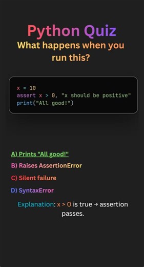 Python Quiz: Assertions Basic Behaviour #python #pythonprogramming #tutorial #learning #code #tips #tipsandtricks #Developer #coding | Pythopedia | Facebook