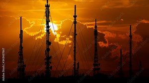 Telecommunication Antennas: Time Lapse at Sunset with Red Sun, Fiery Sky and Silhouette of 4G, 5G and TV Antenna