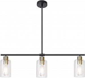 Kitchen Island Lighting, 3 Lights Linear Farmhouse Chandelier, Black and Gold Dining Room Light Fixture with Glass Shades, Modern Industrial Pendant Lights
