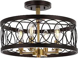 JONATHAN Y 15.5" Oil Rubbed Bronze/Brass Gold 4-Light Metal LED Semi-Flush Mount Ceiling Light, Metal Fretwork Shade for Bedroom Entryway Hallway, Traditional Round Dimmable Fixture (JYL9040B)