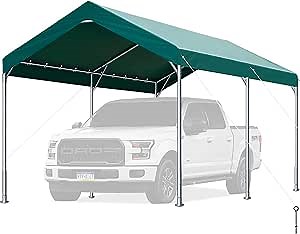Carport 10 x 20 ft Heavy Duty Carport with 4 Sandbags, Car Canopy for Auto, Boat & Market Stall, Adjustable Height from 9.5 ft to 11 ft,Green