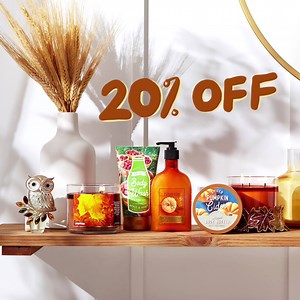 It’s finally here! Get 20% off your online order with code HELLOFALL. Think pumpkins, leaves, lattes & NEW arrivals! | Bath & Body Works