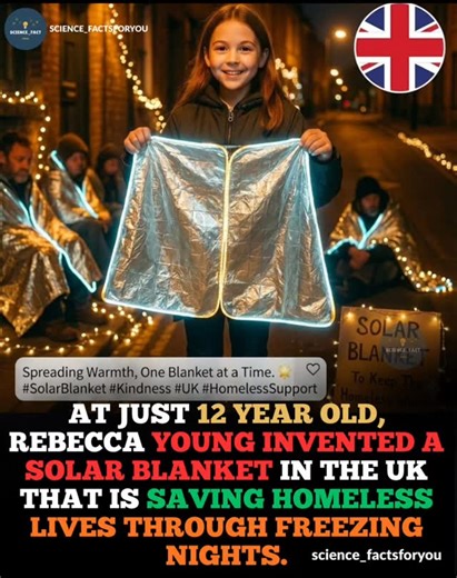 Science Facts on Instagram: "Rebecca Young, a 12-year-old from Glasgow, turned compassion into innovation by inventing a solar-powered blanket to help homeless people survive freezing nights. The design unfolds from a backpack into a heated covering, offering warmth and dignity to those most in need. Her idea has already inspired schools to include her story in STEM programs to motivate other young innovators. Her invention won the Primary Engineer MacRobert Medal against more than 70,000 entrie