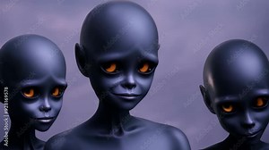 Three alien figures with distinctive features and glowing orange eyes stand together under a twilight sky filled with dark clouds.