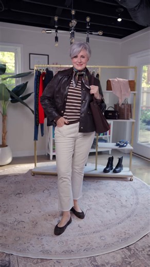 Beth Djalali on Instagram: "Classic, Not Boring — proof that stripes never quit. Outfit Formula: stripe knit + leather jacket + ivory denim. Comment STRIPES for outfit links 💌 #StyleAtACertainAge #ClassicNotBoring #GritAndGlamClub #FallFashionOver50 #classicstyle #timelessstyle"