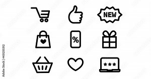 A 4K illustration of an icon set for e-commerce and online shop in outline design, animated on a white background