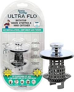 Drain Buddy Ultra Flo No Installation 2 in 1 Clog Preventing Tub Drain Stopper and Hair Catcher for 1 3/8" to 1.5" Bathtubs and Utility Sinks Chrome Metal Cap
