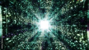 green digital matrix core tunnel of binar lights, neon glowing rays loop in motion into digital ai or iot technologic tunnels. 3D render