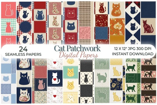 Cat Patchwork Digital Paper Pack, Quilt Block Seamless Pattern, Embroidered Fabric Background - Etsy