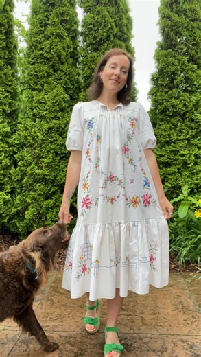 Rachel | Upcycled Clothing | Slow Fashion | Sewing Patterns on Instagram: "The embroidery on this vintage tablecloth is stunning! This one was in very good condition, so my goal was to make a zero waste dress, using up all of the fabric. I got pretty close with just a few small scraps! I’ll show in another video. I love it, what do you think? #upcycledfashion #reworkedvintage #upcycledclothing #upcycledvintage #qualityhandmade #smallbatchfashion #vintagetablecloth #embroidereddress #summerdress 