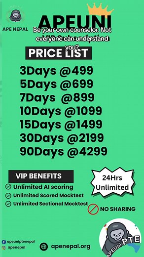 🎯 **Get APEUni VIP Subscription** 🎯 Practice effectively for your PTE exam with plans ranging from **3 to 90 days**! ✨ **VIP Benefits Include**: ✅ Unlimited Mock Tests ✅ Sectional Tests with AI Scoring ✅ Full Privacy – 100% Non-Sharing ID 💡 Choose the plan that suits you and ace your PTE! 📲 Contact us now to get started! #APEUni #PTEPractice #PTEExam #BuyAPEUni #PTEVIPSubscription #PTEPreparation #MockTests #AIScoring #PTEStudy #aceyourpte #apeunivipnepal #apenepal #apeuninepal #pteexam #pte