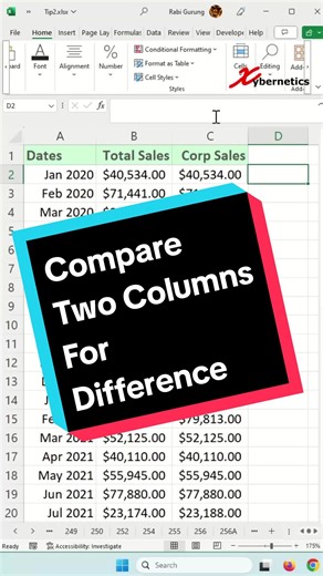 Compare Two Columns In Excel For Difference - Excel Tips And Tricks #microsoft #excel #exceltips #exceltricks #tips #tipsandtricks #googlesheet #fyp