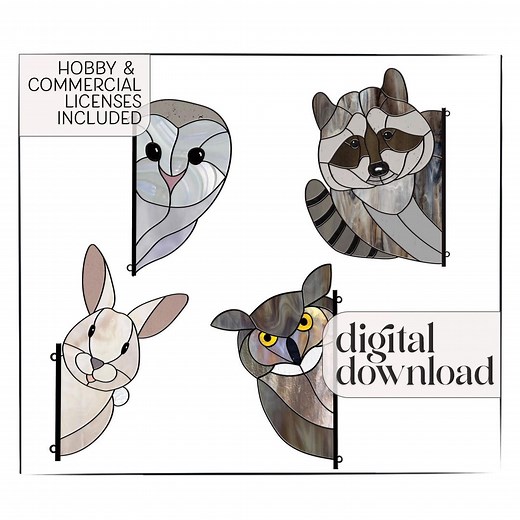 Stained Glass Animal Patterns: Owls, Raccoon, Rabbit Suncatchers (PNG & PDF Downloads) - Etsy