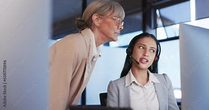 Telemarketing, manager and employee with customer service, computer and advice in a workplace. Consultant, supervisor or women with technical support, corporate training and call center with internet