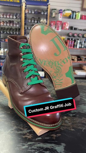 This customer requested green detailing with JR Graffiti soles on his pair of boots. What do you think? #americascobbler #shoerepair #green #boots #recraft #leather #viral