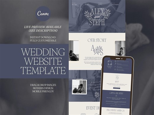 Blue Wedding Website Template Canva Romantic Wedding Website Invitation Aesthetic Wedding Website RSVP Minimalist Floral Save the Date - Etsy