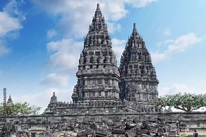 View of Prambanan Temple, Prambanan Temple is the largest and grandest Hindu temple ever built in ancient Java.