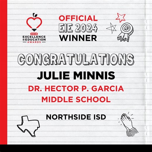 Congratulations to Dr. Hector P Garcia Middle School counselor Julie Minnis from Northside ISD, this year's School Counselor Secondary winner! #HEBExcellencelnEducation #EIE2024 #HEBExcellence #HEBEducation #HEBLovesTeachers | H-E-B Excellence in Education
