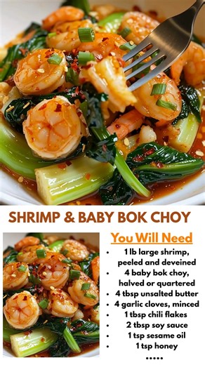 The best spicy stir-fry dinner in under 20 minutes! 📝 Ingredients : 1 lb large shrimp, peeled and deveined 4 baby bok choy, halved or quartered 4 tbsp unsalted butter 4 garlic cloves, minced | Tasty Home Recipes