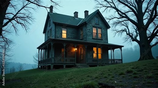 Spooky old house with glowing windows sits on a hill under a bare tree at dusk