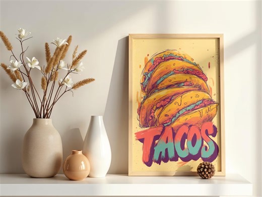 Tacos Wall Art Print - Colorful Food Poster - Modern Kitchen Decor - Playful Typography Art - Contemporary Restaurant Wall Art - Etsy