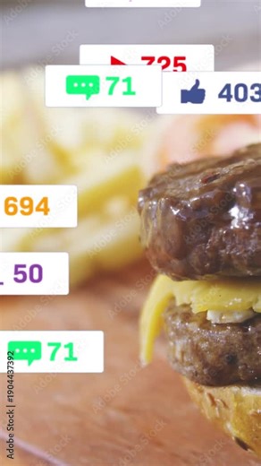 Vertical video: Badges popping over burger after cursor hover, growing counts and showing buzz