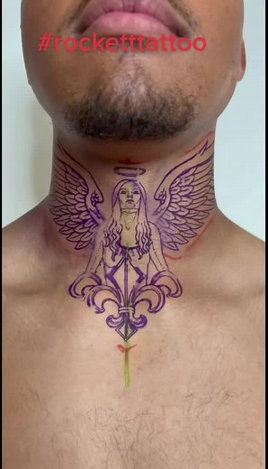 Angel neck piece one sitting 😎🚀#angel #angeltattoo #necktattoo #wings #wingstattoo #blackandgreytattoo #essextattoo #customtattoo #fyp #throattattoo #femaleangel #femaleangeltattoo #rocketttattoo