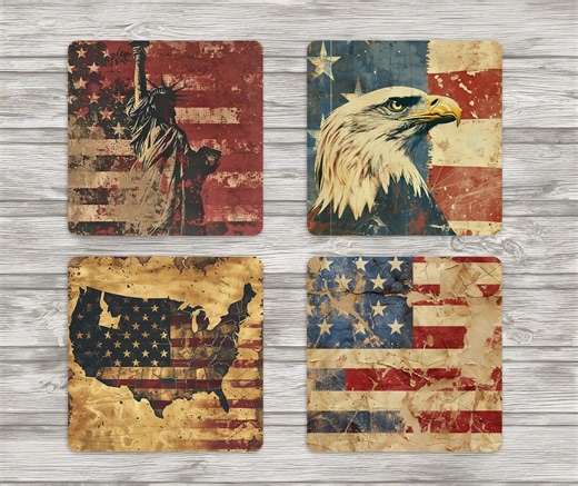 Vintage American Flag, Eagle, Liberty Sublimation 4x4" Square Coasters | 8.5x11 Template | 4 Individual PNG | Instant Download | - Etsy