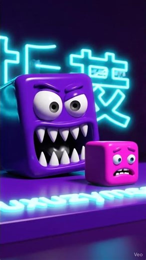 Cubic Monster Feeds on Tiny Cube” — A Neon 3D Surreal Animation Concept