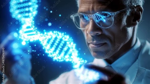 Medical Intern Examining Digital DNA Structure in a Modern Lab Setting Generative AI