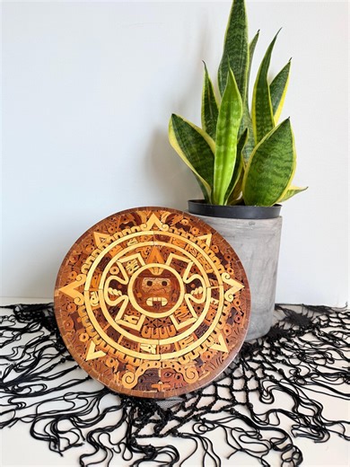 Vintage Aztec Calendar Wood Mosaic | Mexican Folk Art Sun Wall Plaque | Jurado Artesanos Marquetry | Piedra del Sol | Original Document
