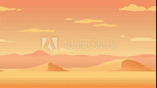 Pixel art loop animation of desert landscape. Animated 8bit seamless background with sand mountains and moving clouds. Pixelated template for computer game or application.
