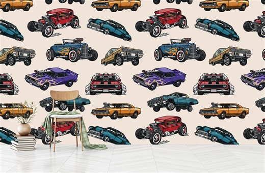 Car Pattern Retro Vintage Wallpaper, American Cars Wall Design Peel and Stick - Etsy Israel