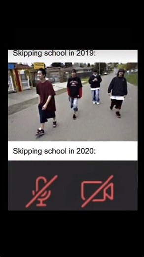 Johnny Bravo Explains Memes on Instagram: "Hey everyone, Johnny here to explain. The meme jokes about how “skipping school” changed from before to during the COVID-19 pandemic: in 2019, skipping school meant physically leaving campus and wandering around with friends, as shown by the group of kids walking down a street, which involved actually going somewhere and being visibly absent, while in 2020, when classes moved online, skipping school became as simple as logging into a virtual class but t