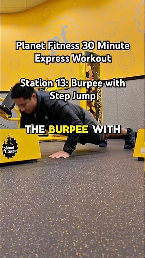 PLANET FITNESS 30-MINUTE EXPRESS CIRCUIT WORKOUT EXERCISE 13 - BURPEE WITH STEP JUMP TUTORIAL 🟡