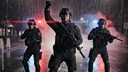 Swat team advancing through rainy night street. Tactical male officers in gear with rifles under flashing police lights. Cinematic urban operation sequence.