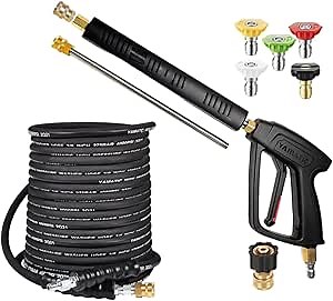 YAMATIC Long Pressure Washer Gun and Hose Kit, Rubber 50 FT Steel Braided Power Washer Hose with 3/8" Swivel Quick Connect & M22 Adapters Replacement for Troy Bilt Ryobi Simpson Craftsman, 4000 PSI