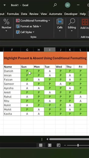 Attendance Highlight in Excel using (Conditional Formatting)..#shorts #excel #interview