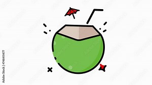 Animated Green coconut with a straw and a red flag, perfect for tropical drink menus, summer party invitations, beachthemed designs.