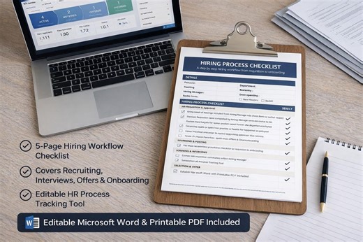 Hiring Process Checklist Template | HR Hiring Workflow Tracker | Recruitment Checklist | Word & PDF
