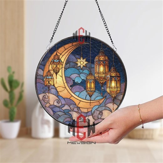 Crescent Moon Stained Glass Suncatcher, Lantern Night Window Hanging, Celestial Star Sky Decor, Boho Mystic Art Ornament Gift