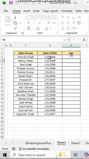 How to calculate age from date of birth in Excel? 🔥 | DATEDIF Formula Trick #excel #shortsvideo #...