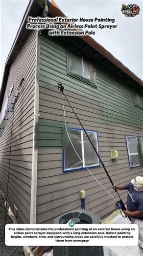 Professional Exterior House Painting Process Using an Airless Paint Sprayer with Extension Pole