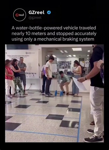 This small vehicle uses a water bottle as its power source, turning gravity into motion as the bottle drops and pulls the drivetrain forward. The real challenge was not just moving nearly 10 meters, but stopping accurately using only a mechanical braking system with no motors, sensors, batteries, or remote control. It is a simple build on the outside, but the timing, friction, weight, and braking calibration show how powerful basic mechanical engineering can be. Love technology? Follow @gzreel C