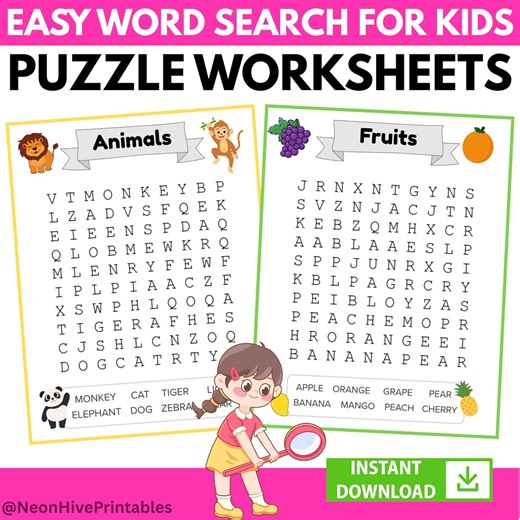 Easy Word Search for Kids Printable, Puzzle and Solution Worksheets, Search and Find Words Activity - Etsy